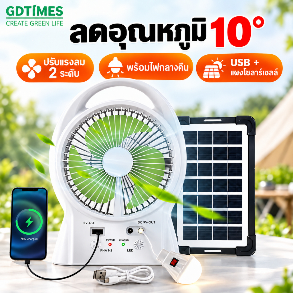 【รับประกัน 20 ปี】พัดลมโซล่าเซลล์ พัดลม มอเตอร์เยอรมันในตัว ฟรีหลอดไฟ LED 2 ดวง ลมแรง เสียงต่ำ พร้อมไฟกลางคืน solar fan