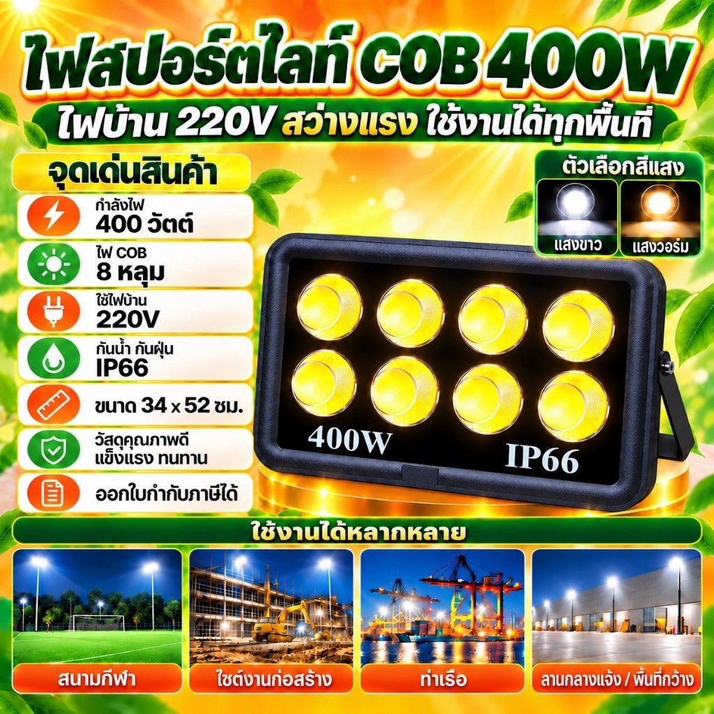 COB สปอร์ตไลท์ LED 400W Spotlight ขาว วอร์ม Flood Light LED sportlight (รุ่นCOB 2023 แบบกลม)