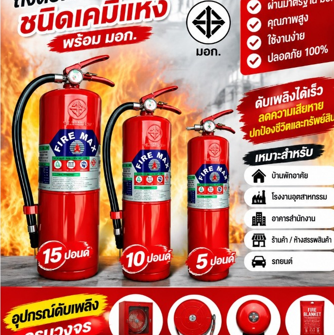 ถังดับเพลิงชนิดเคมีเเห้ง   มี มอก. (ขนาด 15 ปอนด์ , 10 ปอนด์ , 5 ปอนด์ , ) อุปกรณ์ดับเพลิง