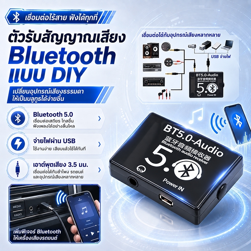 ตัวรับสัญญาณบลูทูธ 5.0 ตัวรับเสียง Bluetooth Audio รองรับเอาต์พุต 3.5มิลลิเมตร เปลี่ยนลำโพงเก่าให้เล่นเพลงไร้สายได้