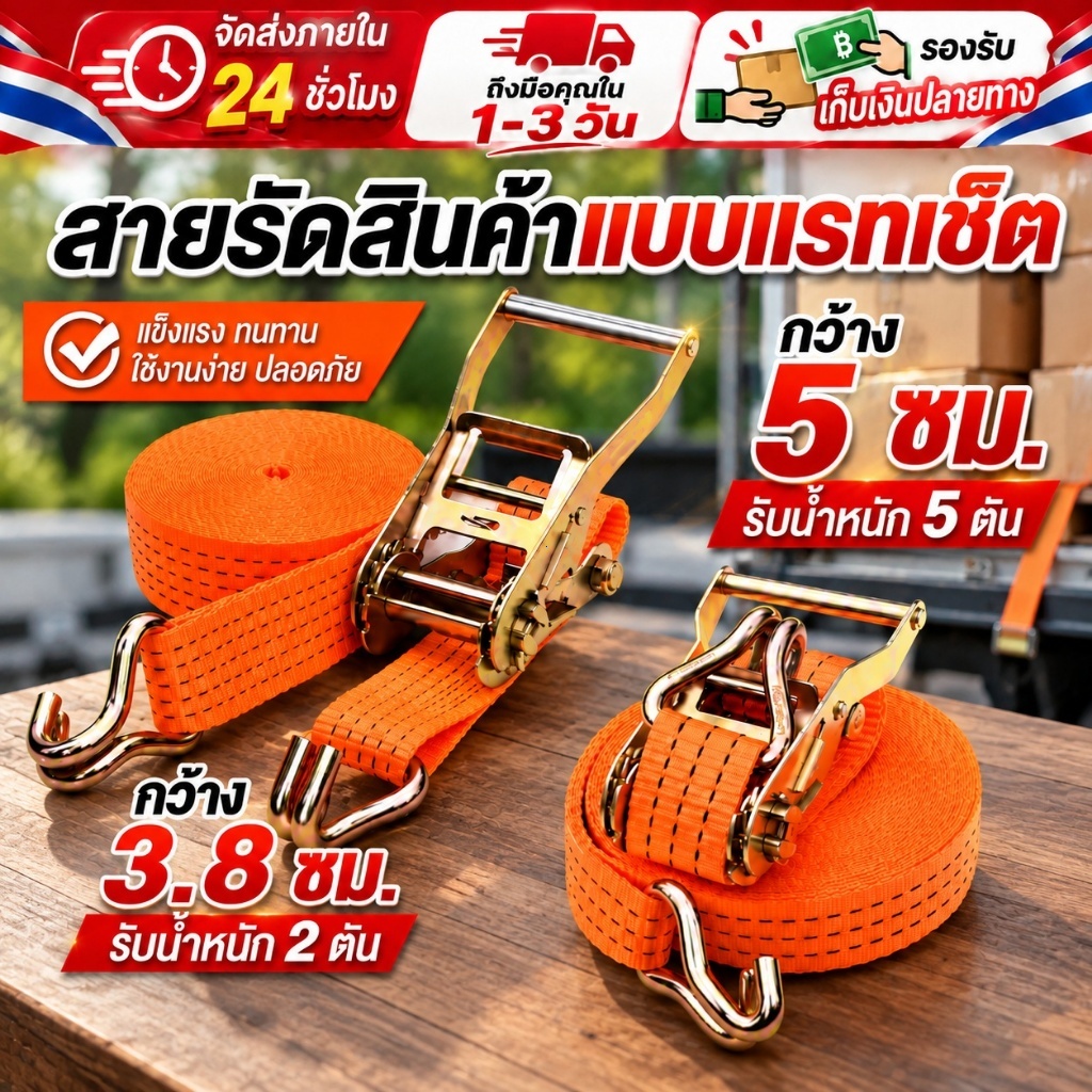 【ส่งด่วนจากไทย】COD สายรัดของแบบแรทเช็ต สายรัดสินค้าแข็งแรง 3.8/5ซม. รับน้ำหนักสูง สำหรับขนส่ง ยึดของ รถกระบะ ใช้งานง่าย