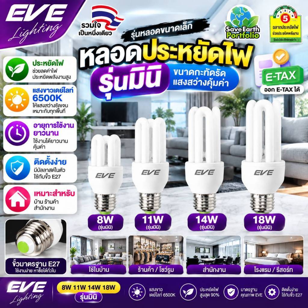 หลอดไฟ หลอดตะเกียบ หลอดประหยัดไฟ Mini ขนาด 14W แสงขาว เดย์ไลท์ 6500K ขั้วเกลียว E27