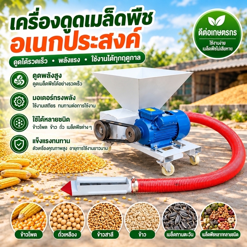 เครื่องดูดเมล็ดพืชไฟฟ้าแรงดูดสูง เครื่องลำเลียงเมล็ดพืช เครื่องดูดข้าวโพด ดูดปุ๋ย อาหารสัตว์ เม็ดพลาสติก