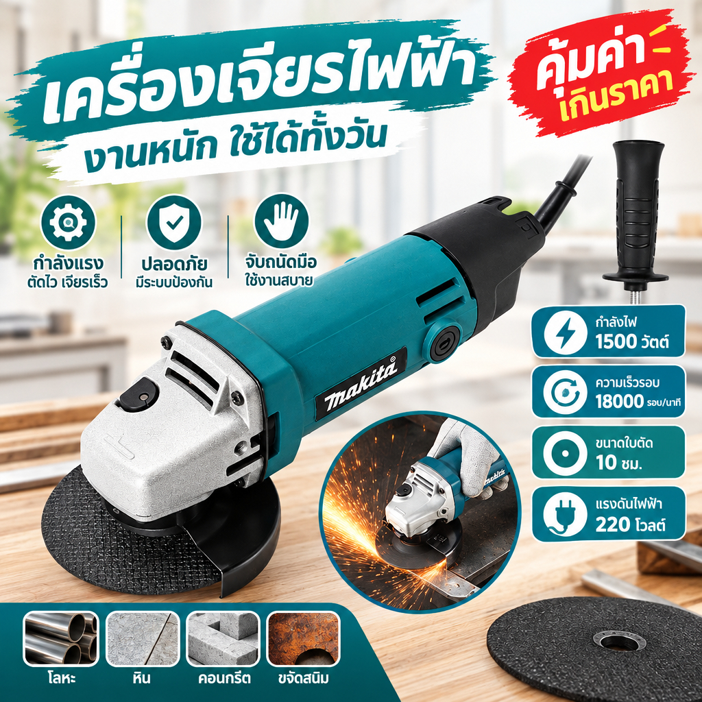 เครื่องเจียรไฟฟ้า 1500 วัตต์ 220 โวลต์ สำหรับงานตัด เจียร ขัดเงา และขจัดสนิม