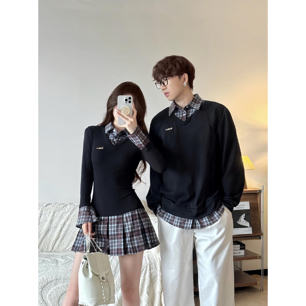 ร้านไทย ‍♀️ชุดคู่รัก เสื้อสเวตเตอร์และชุดเดรสจั๊มสูทถักสั้นจีบ สไตล์วิทยาลัย 2025 ใส่สบายแฟชั่นต้นฤดูใบไม้ร่วง