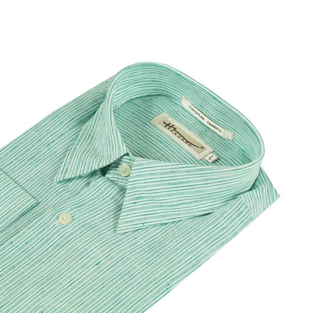 Hazard เสื้อเชิ้ตทำงานแขนยาวลายทาง ผ้า Linen(ลินิน) สีชมพูเข้ม
