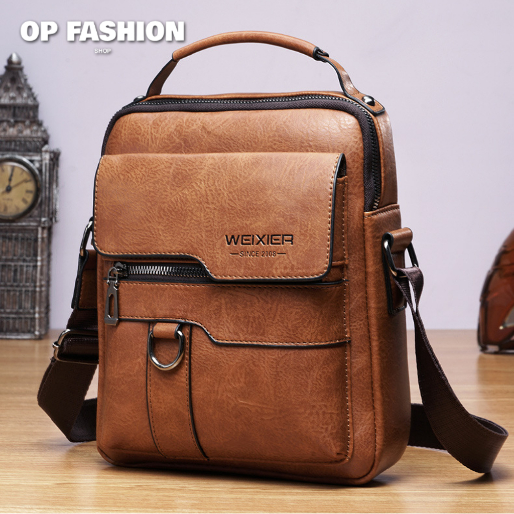 WEIXIER กระเป๋าสะพายข้าง หนังเเท้ ขนาด9นิ้ว สีน้ำตาล น้ำตาลเข้ม ดำ พร้อมส่งจากไทย