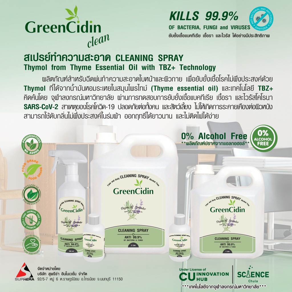 GreenCidin สเปรย์ทำความสะอาด ยับยั้งเชื้อแบคทีเรีย รา และ ไวรัส สูตรปราศจากแอลกอฮอล์ (น้ำยากรีนซิดิน) - รูปที่ 5