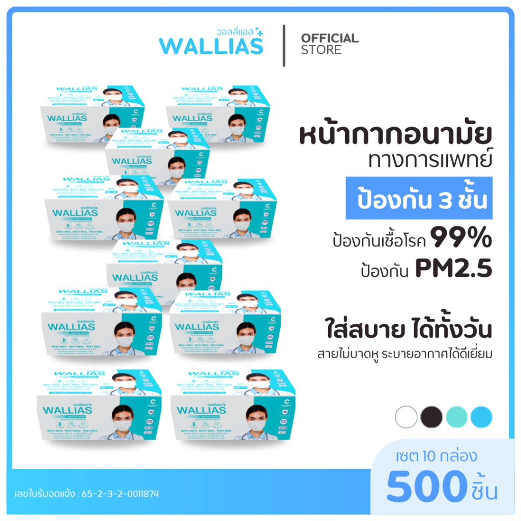 [เซต 10 กล่อง] Wallias หน้ากากอนามัยทางการเเพทย์ แมส บรรจุ 50 ชิ้น ป้องกัน ฝุ่น PM2.5 ไวรัส แบคทีเรีย 99% Medical Mask