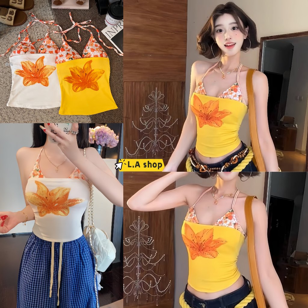 L.A Shop★พร้อมส่ง เสื้อเกาะอก+บราคล้อง น่ารักๆ เสริมฟองน้ำ สีสดใน ลายดอกไม้ เซ็กซี่ "FY5559"