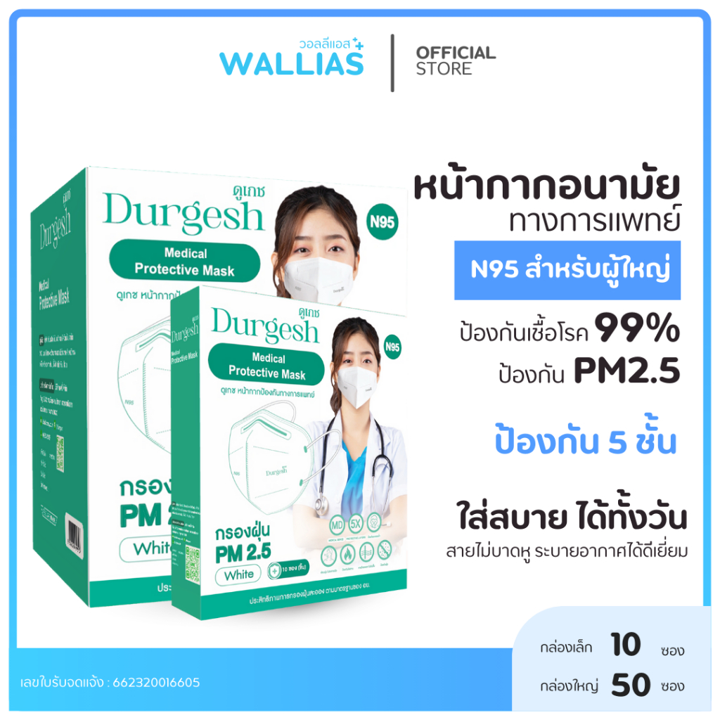 หน้ากากอนามัย N95 แบบ 10 ชิ้น  Medical Mask Kid ยี่ห้อ Durgesh สีขาว แมสN95 ป้องกันPM 2.5