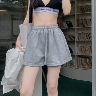 Bella shop กางเกงขาสั้นผู้หญิงหลวมๆ สไตล์เกาหลี สปอร์ตเรียบง่าย กางเกงขาสั้นเชือกผูกแบบลำลอง