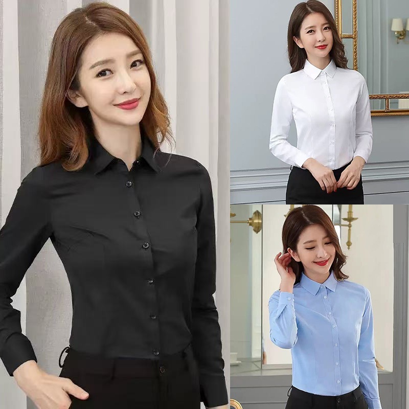 🚚ส่งจากไทย🌻ผู้หญิงสีทึบเรียบง่าย แขนยาว เสื้อเชิ้ตสีคอปก ทรงเข้ารูป ใส่ทำงาน แฟชั่นเกาหลี ลำลอง ทรงคลาสสิค (ขาว/สีดำ)059