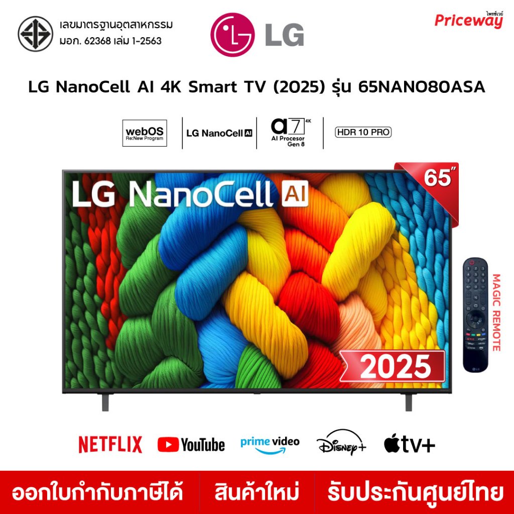 LG ทีวี 65" NanoCell AI 4K Smart TV 65NANO80 รุ่น 65NANO80ASA AI Magic Remote รับประกันศูนย์