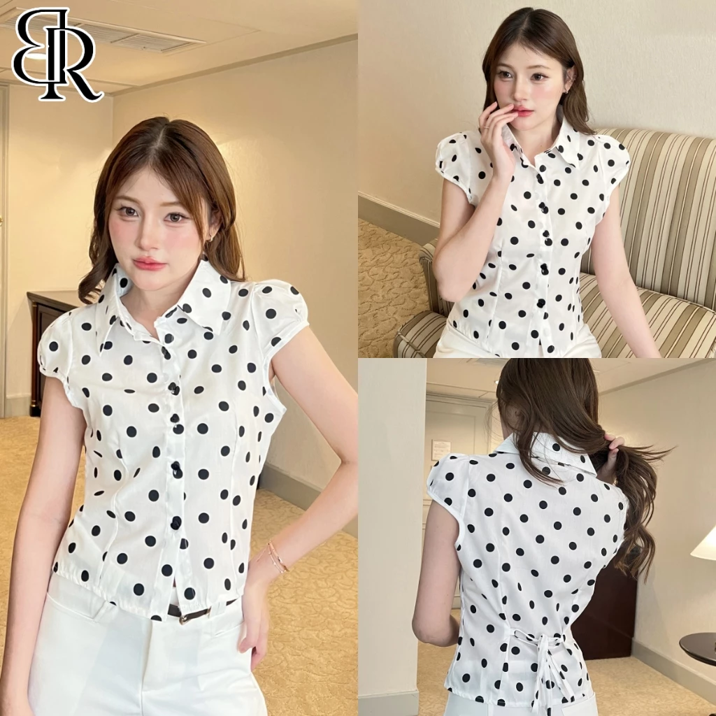 B&R พร้อมส่ง เสื้อแขนสั้นผู้หญิง เสื้อลายจุด ผ้าสวมใส่สบาย น่ารักแบบเกาหลี สายรัดหลัง การลดน้ำหนัก ขนาด S-2XL