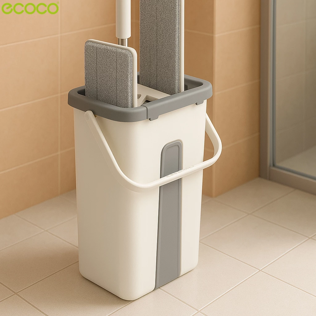 Ecoco ชุดไม้ถูพื้น พร้อมถัง รีดน้ำและซักแห้ง ไม้ถูพื้นหัวแบน ซับน้ำเช็ดฝุ่นได้ดี