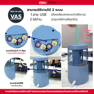 เครื่องเหลาดินสอไฟฟ้า Deli รุ่น VA3/VA5 ระบบสายชาร์จและใส่ถ่าน 68658A ระบบใส่ถ่าน (จำหน่าย 1 ชิ้น)
