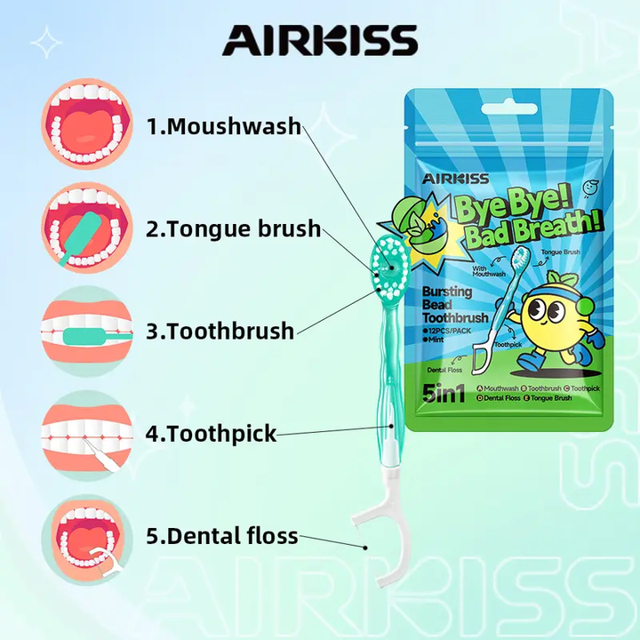 🦷Airkiss แปรงสีฟันจิ๋ว พกพา แปรงสีฟัน& ไหมขัดฟัน&ไม้จิ้มฟัน&แปรงลิ้น พร้อมน้ำยาบ้วนปากในตัว 5in1