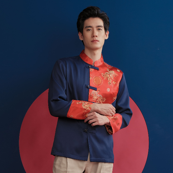 (JUN) CNY Shirt เสื้อตรุษจีนผู้ชาย สีกรมท่าแต่งลาย รุ่น LHONG