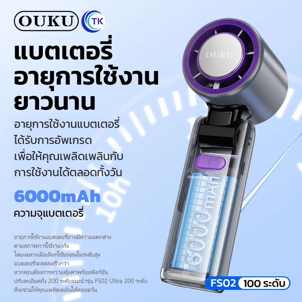 พัดลมพกพา OUKU FS02 ความเเรง100ระดับ มีโหมดเพิ่มความเย็น ไฟฉายในตัว เสียงเงียบ ใช้งานนาน 20ชม. - รูปที่ 3