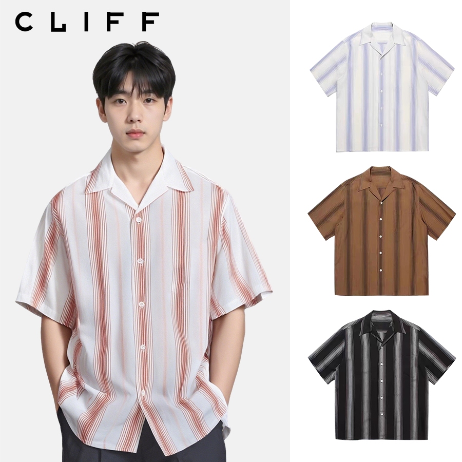 CLIFF เสื้อเชิ้ตแขนสั้น มีกระเป๋า การออกแบบลายทาง สไตล์ฮาวาย หลวมสบาย
