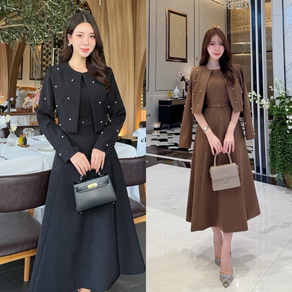 สวยหรู ลุค CEO เดรสมาพร้อมเสื้อครอปไข่มุก หรูหรา สวยติดแกรม💋  📌เซ็ท 3 ชิ้น: เดรสยาว+ครอป+เข็มขัด