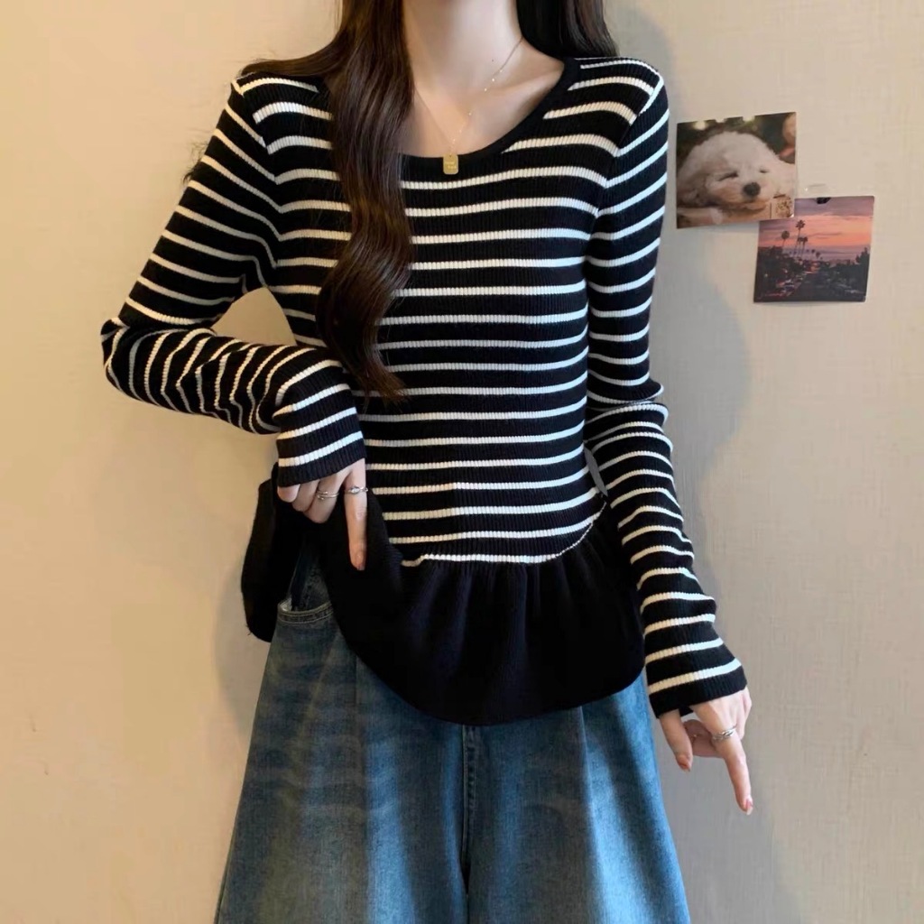 (พร้อมส่งที่ไทย#82039)เสื้อไหมพรมแขนยาวผู้หญิง ลายทาง คอกลม เนื้อผ้านิ่ม - รูปที่ 6