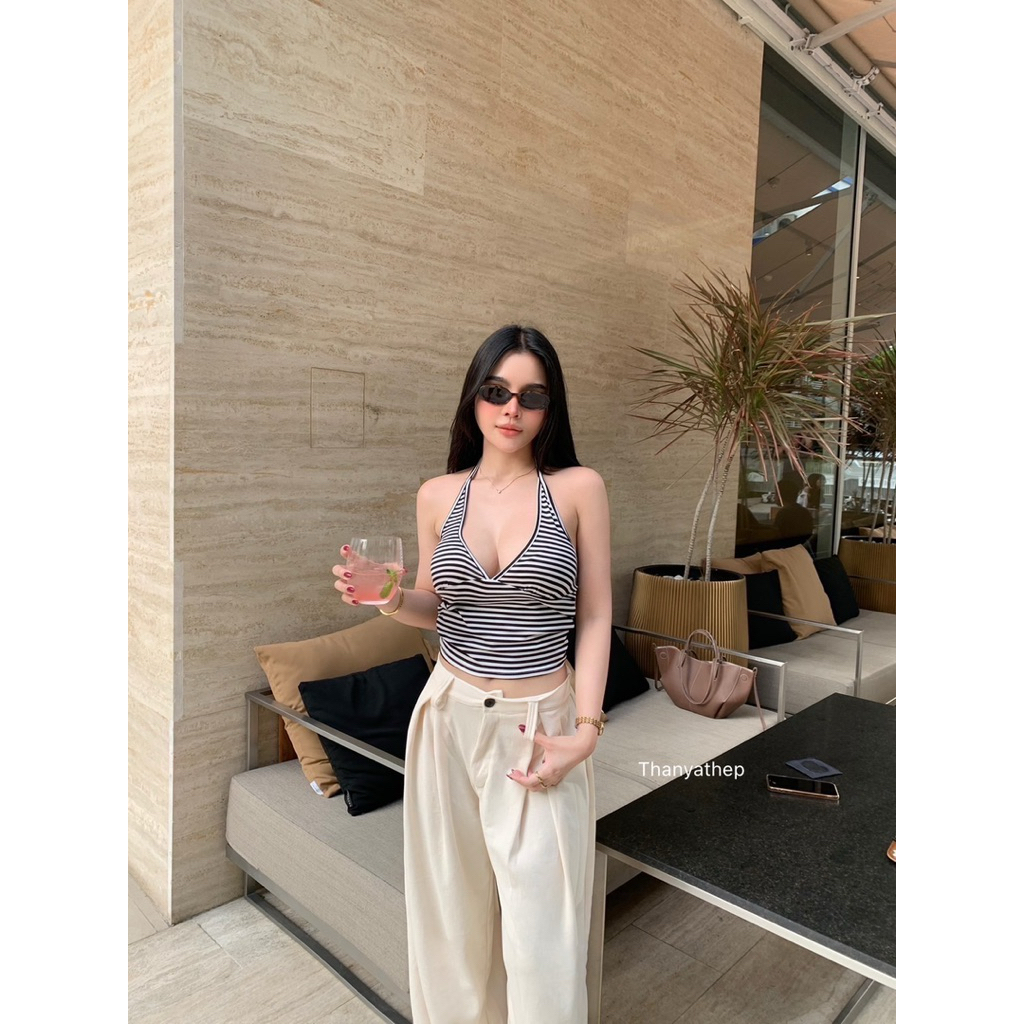 #Thanyathep TYT เซท2ชิ้น เสื้อลายริ้วค้องคอ มาพร้อมกางเกงขายาว สุดฮิต ผ้านิ่มลุคไฮโซ
