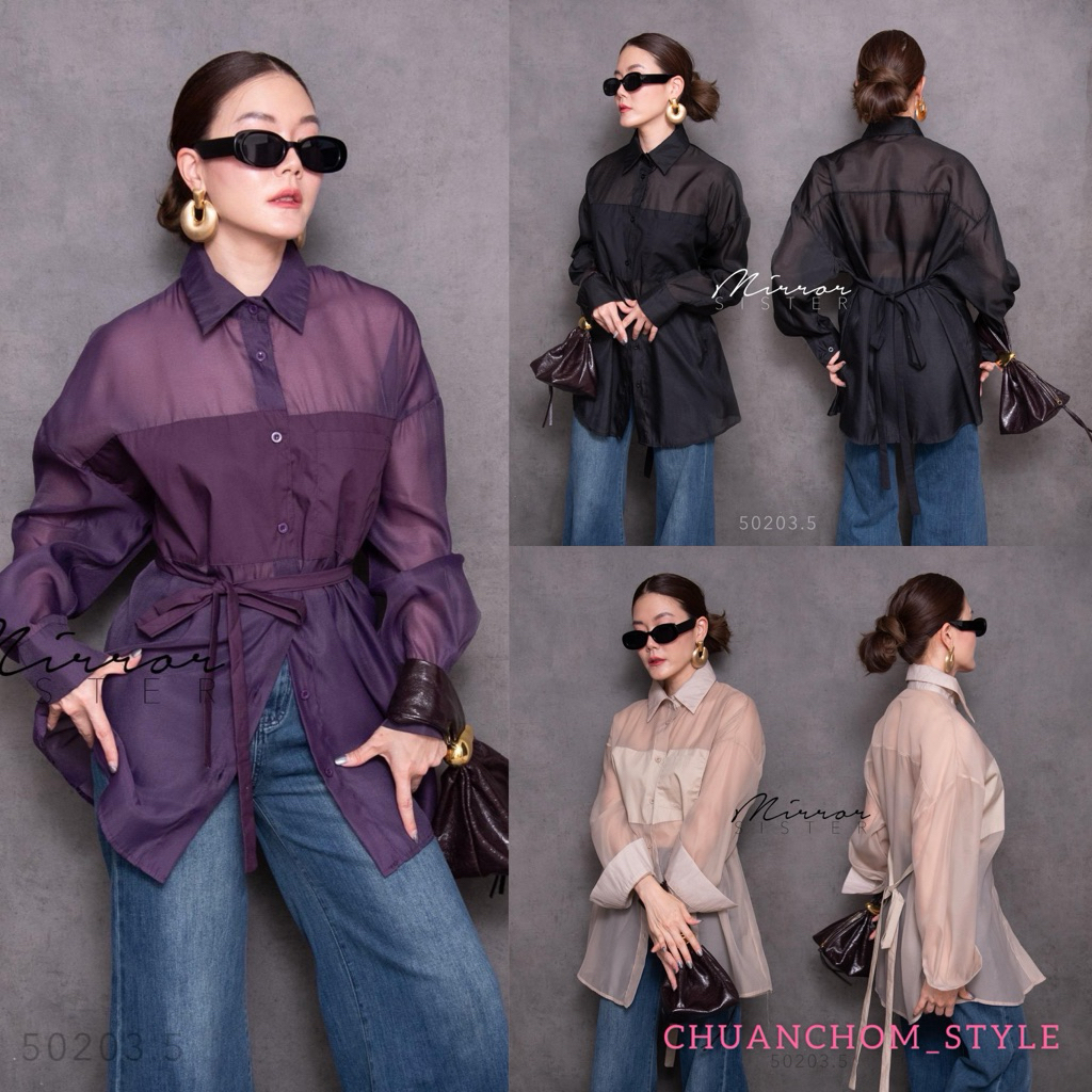 🔖Mirrorsister 50203.5 เสื้อเชิ้ตตัวเก๋ซีทรู เนื้อผ้าโปร่งแสงใส่สวย ช่วงหน้าอกต่อผ้าทึบ มีกระเป๋าด้านหน้า1ข้างมีสายให้ผูก