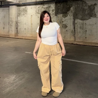 กางเกงคาร์โก้ ทรงขากระบอก เอวยางยืด Cargo Pant M-XL ผ้าไมโคร มีกระเป๋าข้าง สาวอวบใส่ได้จ้า รุ่น Cargo