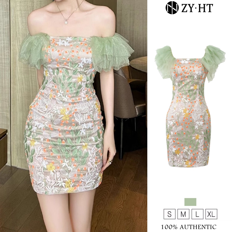 ZY·HT เดรสผู้หญิง เดรสสีเขียว เดรสตาข่าย เดรสลายดอก เดรสทำงาน เดรสไฮโซ เดรสวินเทจ เดรสออกงาน เดรสปาร