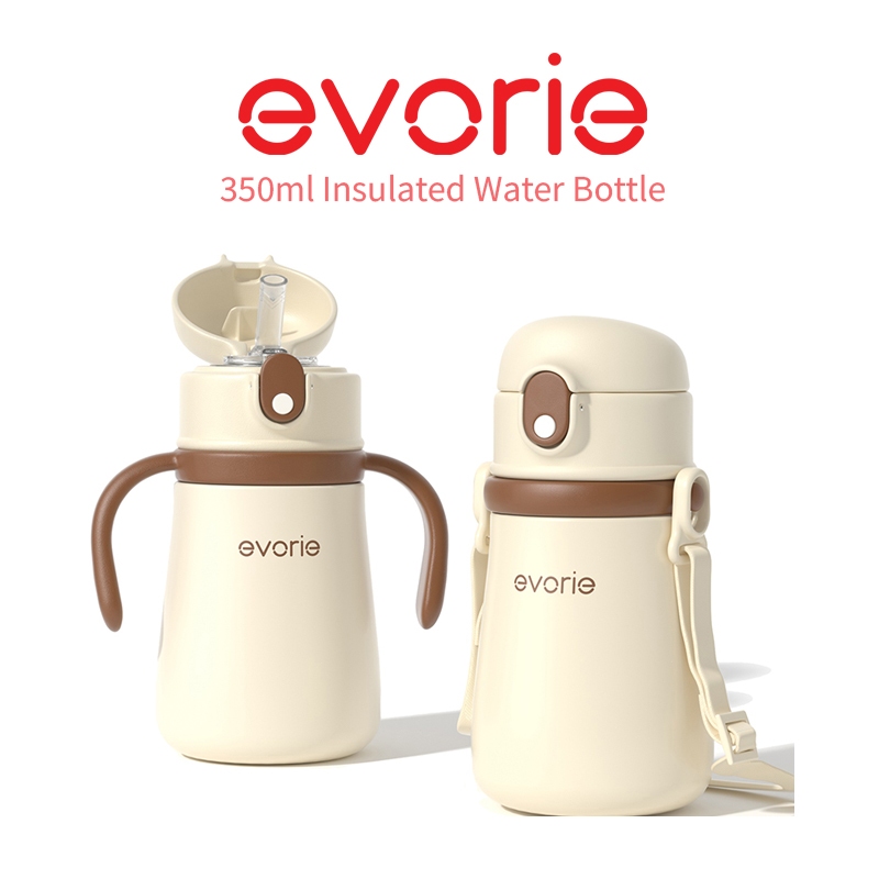 Evorieขวดน้ำเด็ก สแตนเลส 316 เก็บความร้อน-เย็น กันรั่ว มีหลอด ด้ามจับ สายสะพาย แก้วน้ำเด็ก พกพาสะดวก