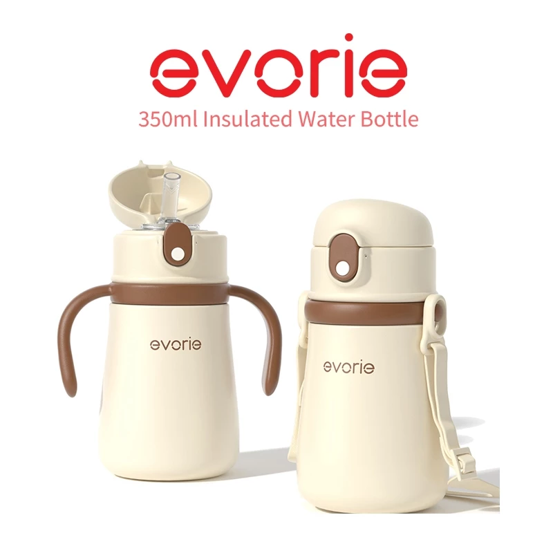 Evorieขวดน้ำเด็ก สแตนเลส 316 เก็บความร้อน-เย็น กันรั่ว มีหลอด ด้ามจับ สายสะพาย แก้วน้ำเด็ก พกพาสะดวก
