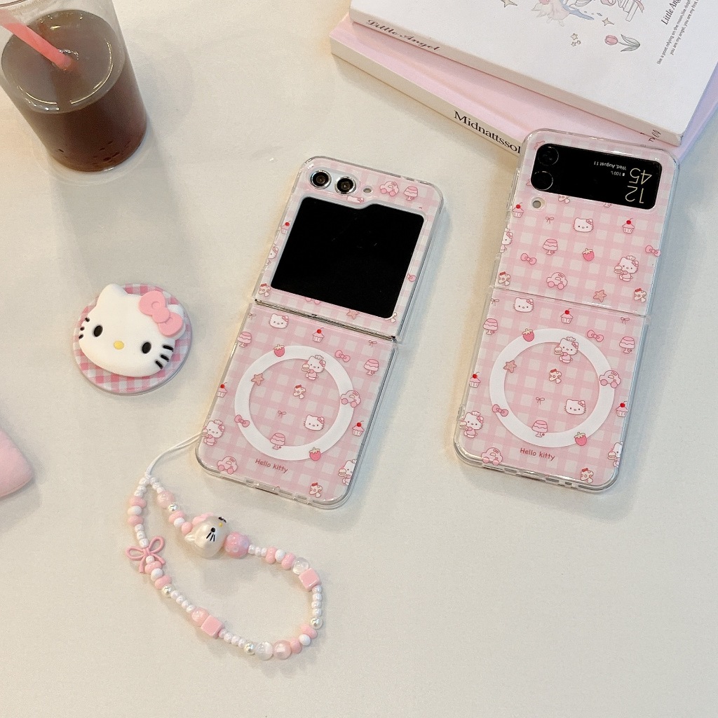 พร้อมส่งจากไทย ! เคสฟลิปเซ็ทคิตตี้ชมพู พร้อมกิ้ปต้อคแม่เหล็กและสายคล้องมือ (2060) for Samsung Galaxy Z Flip7 Flip6 Flip4