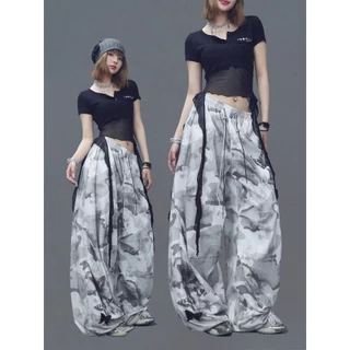 [Summer quick-drying fabric, dance camouflage pants]กางเกงขากว้างลายพรางลำลองสำหรับผู้หญิงสไตล์เกาหลี