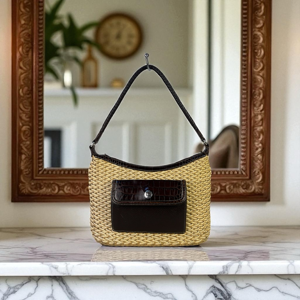Brighton Edna Woven Straw Wicker Natural Tan Brown Leather Shoulder Hobo Bag