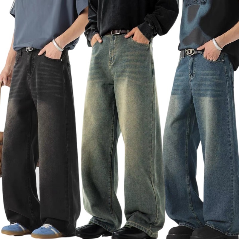 Baggy Pants Jeans 4 สี กางเกงยีนส์ผู้ชายขากว้าง ไซลินไดรต์ พอดี คอปกปานกลางพอดีเก็บอย่างดี