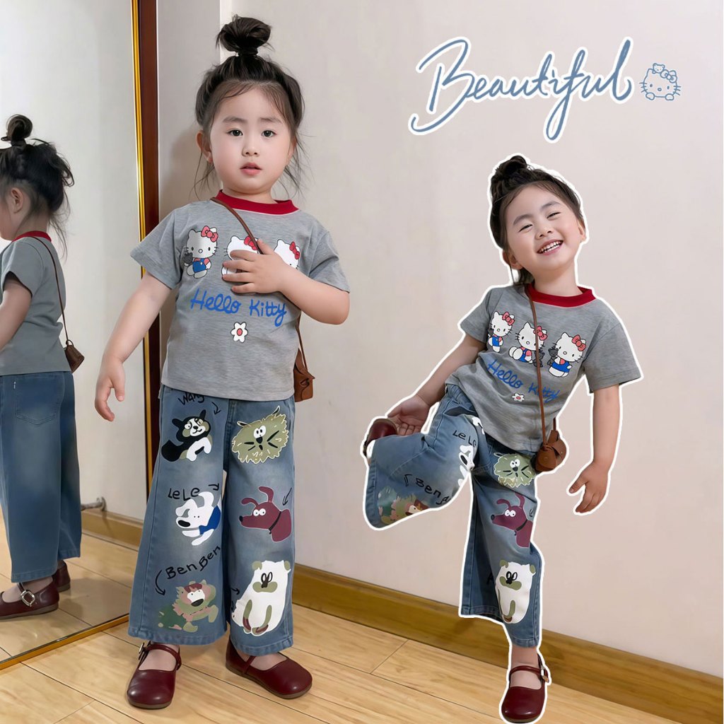 Beryl kids🌸ชุดเซตเด็ก🎀เสื้อ+กางเกงขากว้าง  สไตล์เกาหลี ลายการ์ตูนน่ารัก อินเทรนด์ ผ้านิ่ม ใส่สบาย เหมาะสำหรับเด็กหญิง