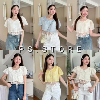Rynn crop : เสื้อครอปแขนตุ๊กตาคอบัว ดีเทลแต่งขอบลูกไม้