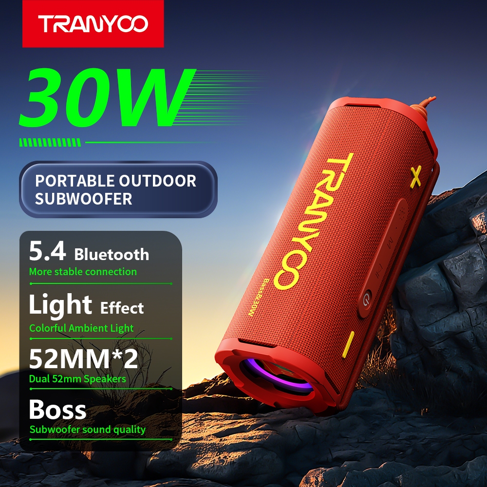 TRANYOO B17 ลำโพงบลูทูธ, ลำโพงกลางแจ้งแบบพกพาที่มีเบส, บลูทูธ 5.4, แบตเตอรี่ 1800mAh พร้อมสายคล้อง, แสง RGB