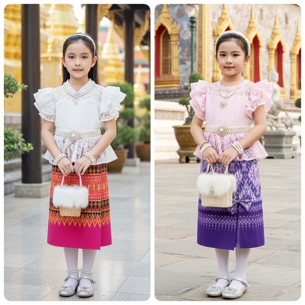 ชุดไทยเด็ก รุ่นเช็ตผ้าไทยเด็กผู้หญิงเสื้อลูกไม้แขนระบาย2ชั้น+ผ้าถุง