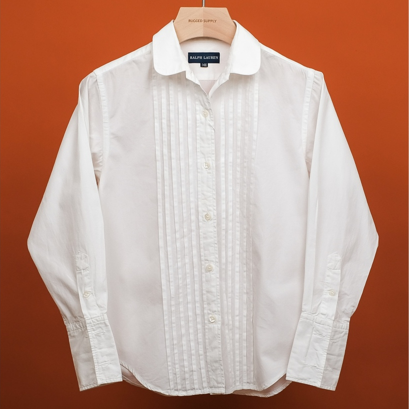 XS - RALPH LAUREN White Round Collar Cotton Tuxedo Shirt