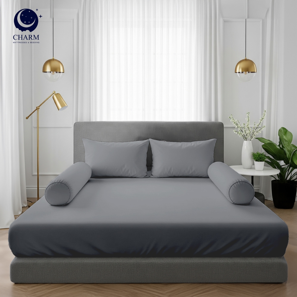 Charm ชุดผ้าปูที่นอน รุ่น Classic สีเทา 3.5 / 5 / 6ฟุต ผ้านุ่ม กันไรฝุ่น Bedsheet Set ไม่รวมผ้านวม