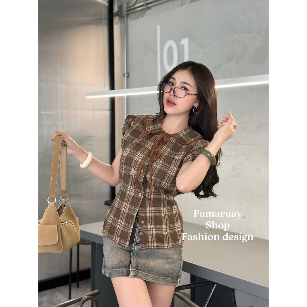 Cotton 🌷เสื้อคอบัวลายสก๊อตแขนตุ๊กตามีเชือกผูกด้านหลัง