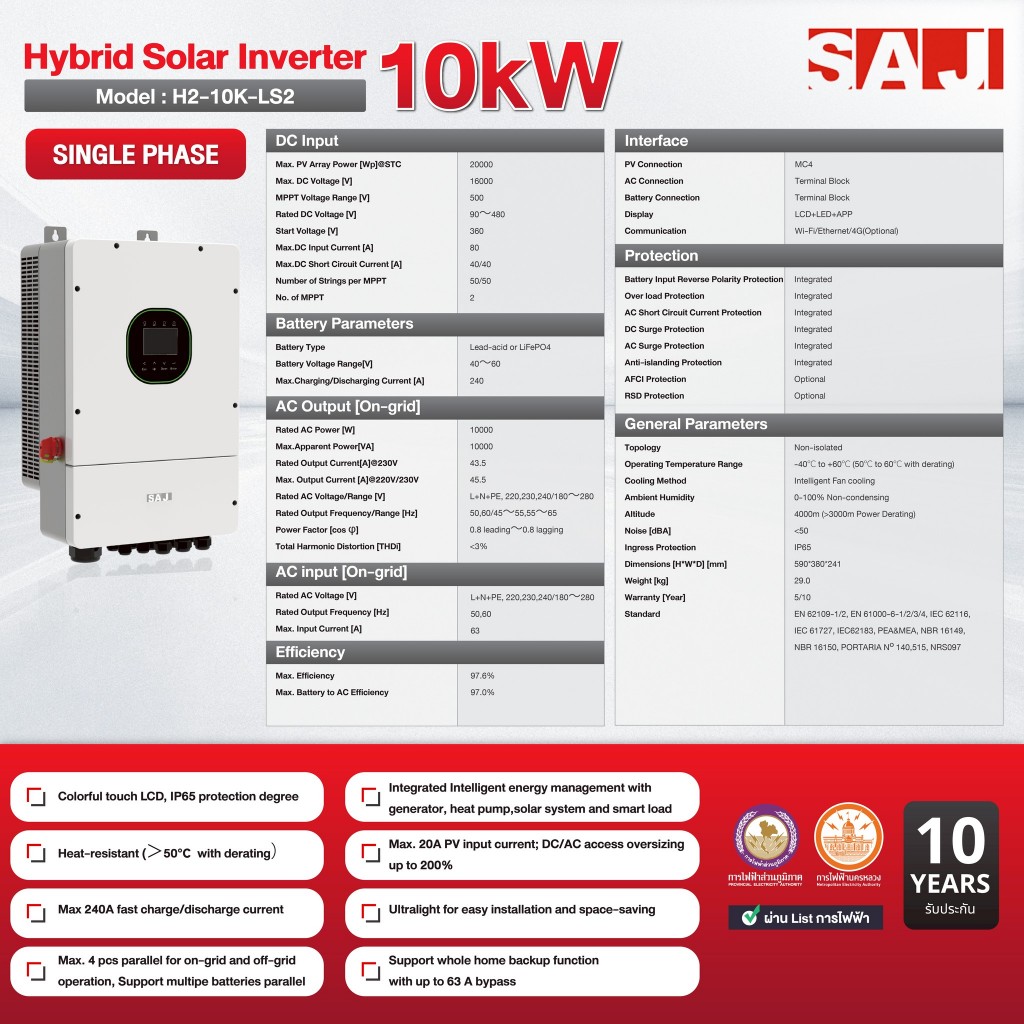 SAJ อินเวอร์เตอร์โซล่าไฮบริด 10kW รุ่น H2-10K-LS2 สำหรับบ้าน สำนักงาน และร้านค้าที่ต้องการระบบไฟฟ้าอัจฉริยะ