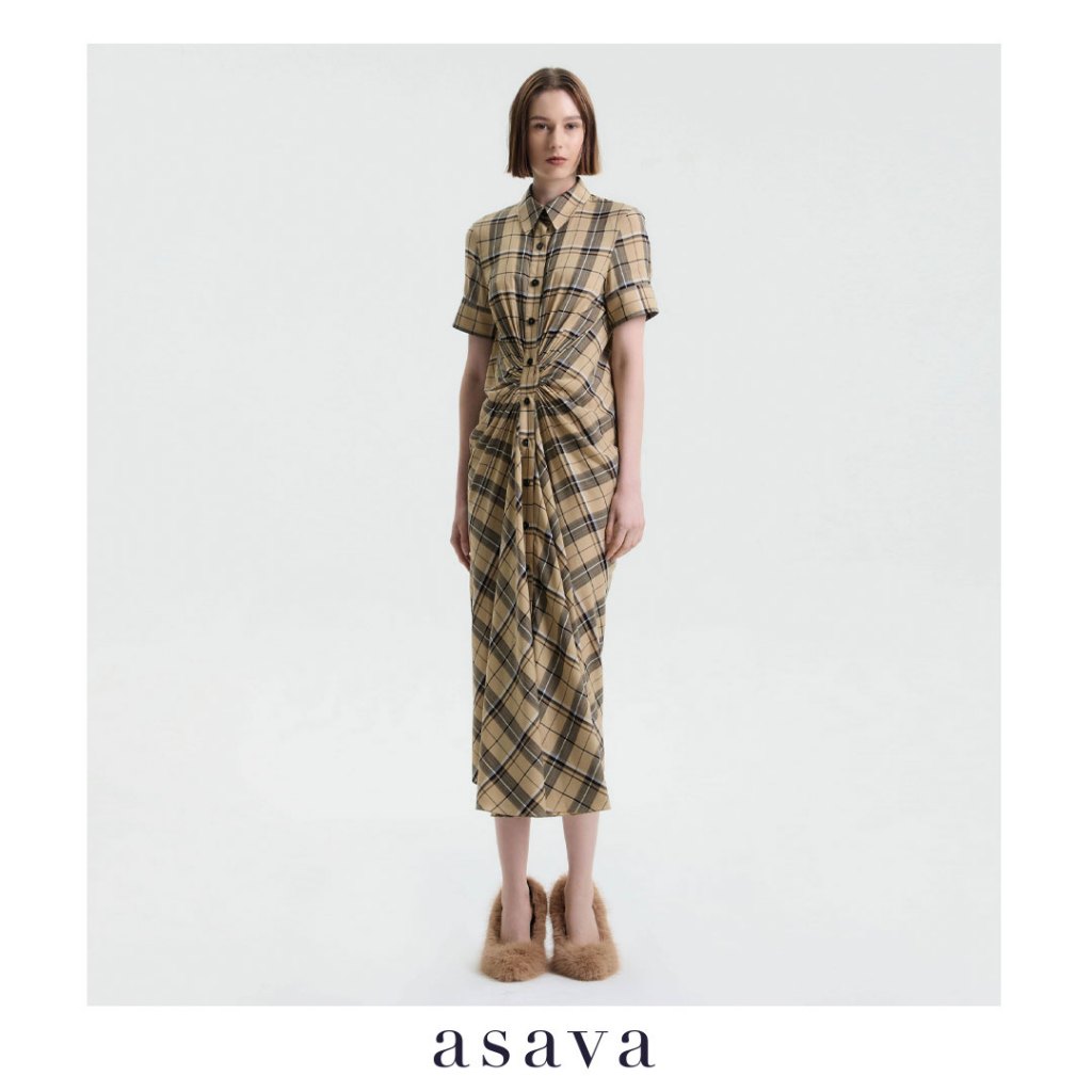 [asava aw25] Xanthe Front-Ruched Shirt Dress เชิ้ตเดรสผู้หญิงแต่งดีเทลรูดช่วงเอวด้านหน้าแขนสั้นแต่งก