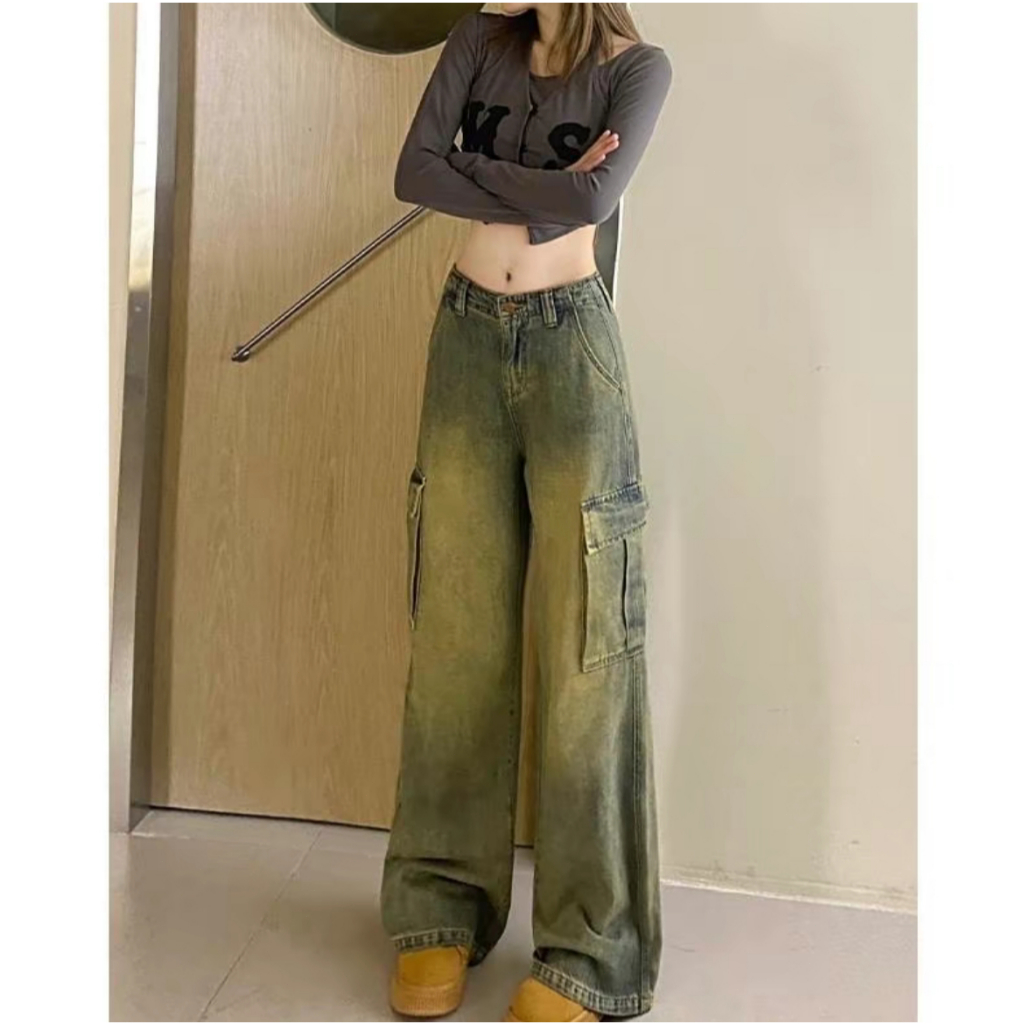 Loma Wear-กางเกงยีนส์กระบอกใหญ่ Cargo ผ้าไม่ยืด Jean Women สีสนิมรุ่นใหม่ #K681
