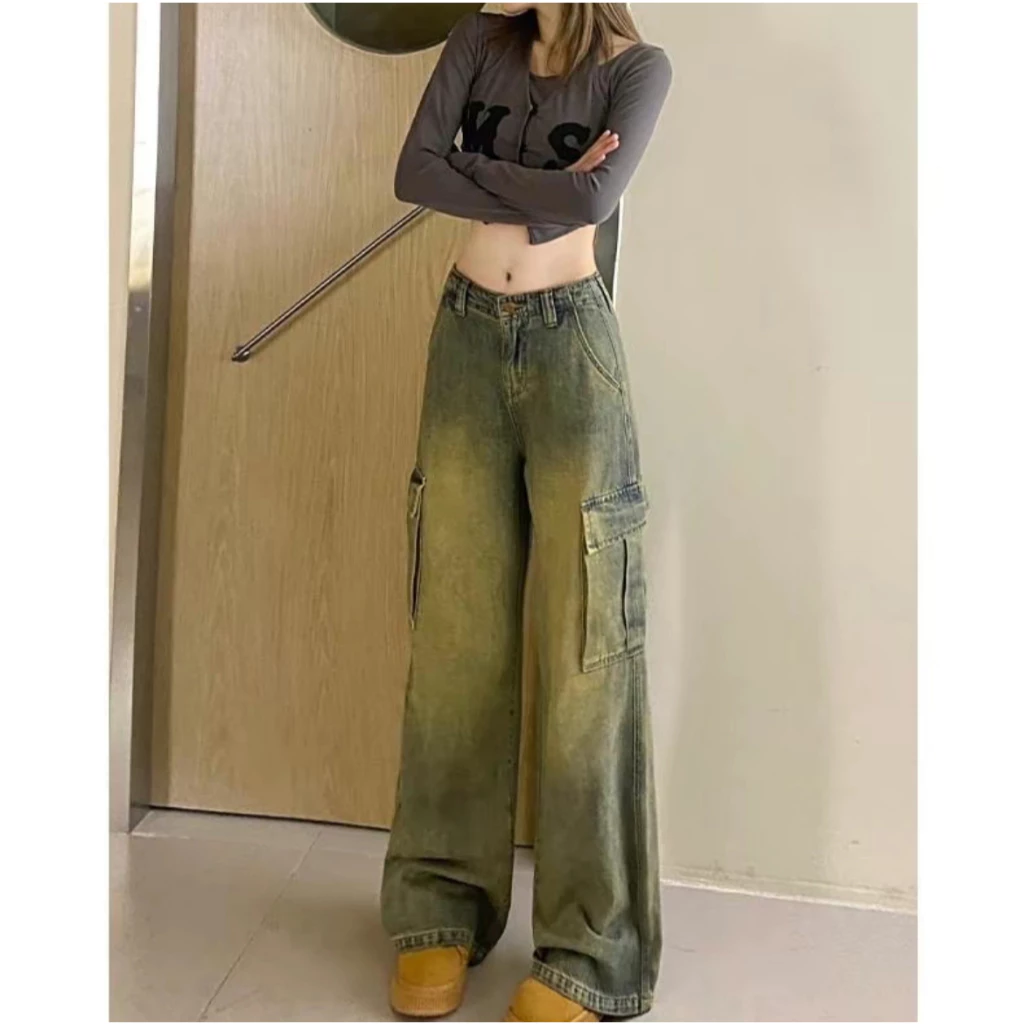 Loma Wear-กางเกงยีนส์กระบอกใหญ่ Cargo ผ้าไม่ยืด Jean Women สีสนิมรุ่นใหม่ #K681