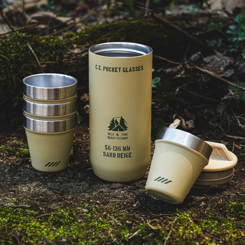 CARGO CONTAINER POCKET GLASS ชุดแก้ว สแตนเลส 4 ใบ และขวดเก็บ by Jeep Camping