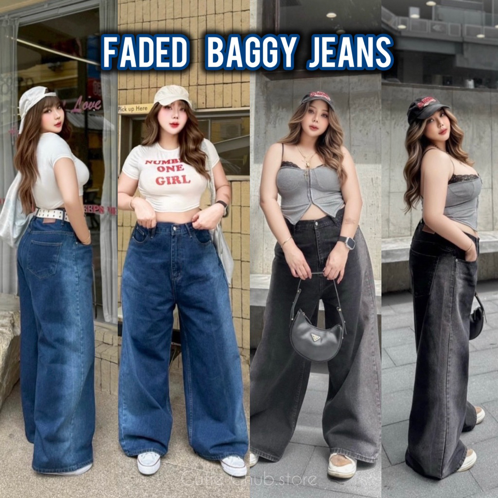 Faded Baggy Jeans - กางเกงยีนส์กระบอกใหญ่ สาวอวบ แต่งเฟดข้างสุดเก๋ เอว34-48นิ้ว งานเท่ห์ไม่ซ้ำใคร